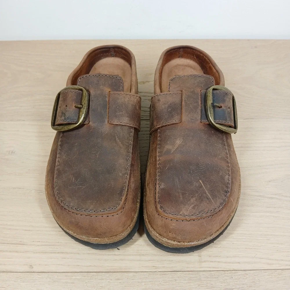 White Mountain Footbeds Mules Women's 8 Brown Leather Buckle Comfort Clogs - Picture 3 of 11